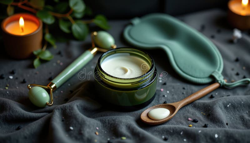 Jade roller evening skincare setup flat lay