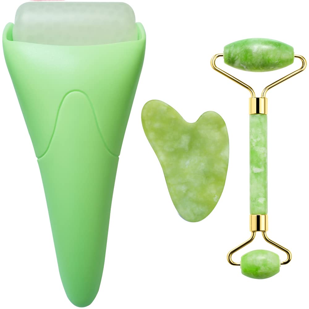 Jade roller stored in a mini fridge next to skincare