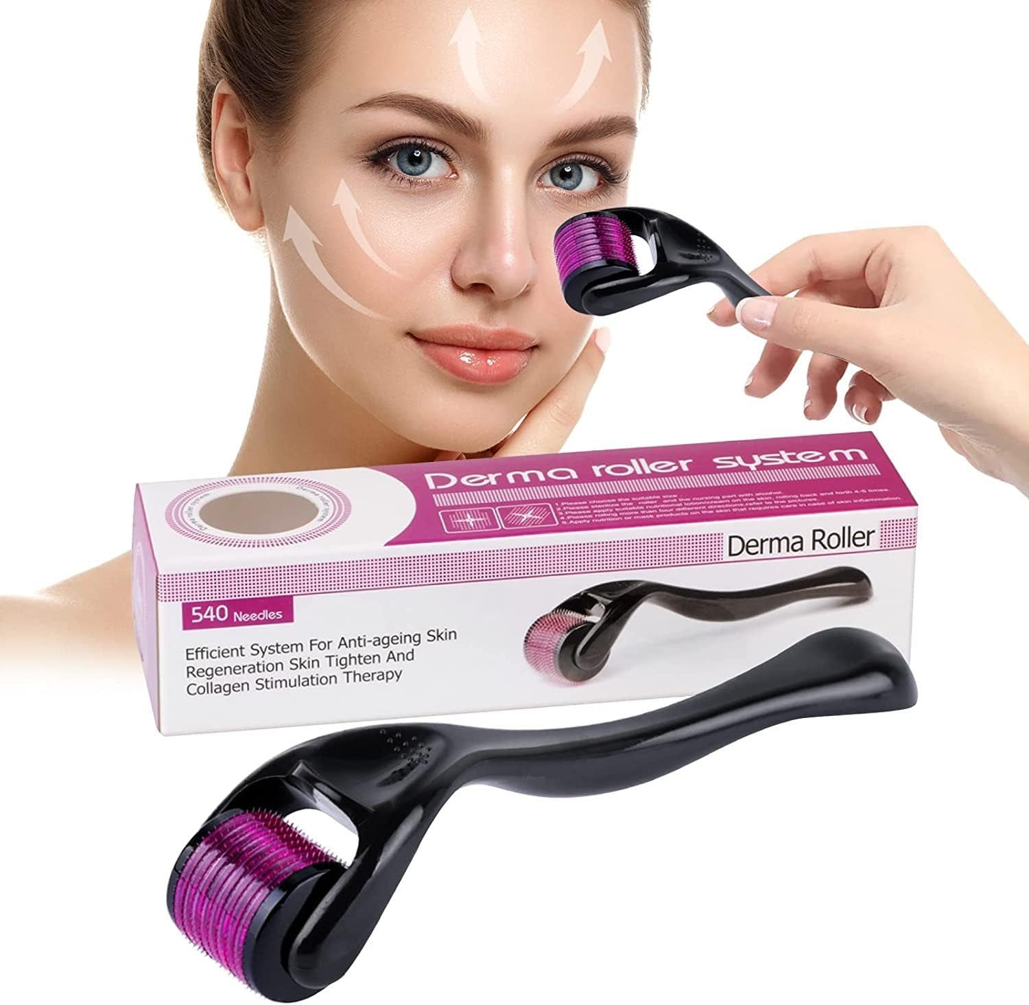 Derma roller and jade roller displayed side by side
