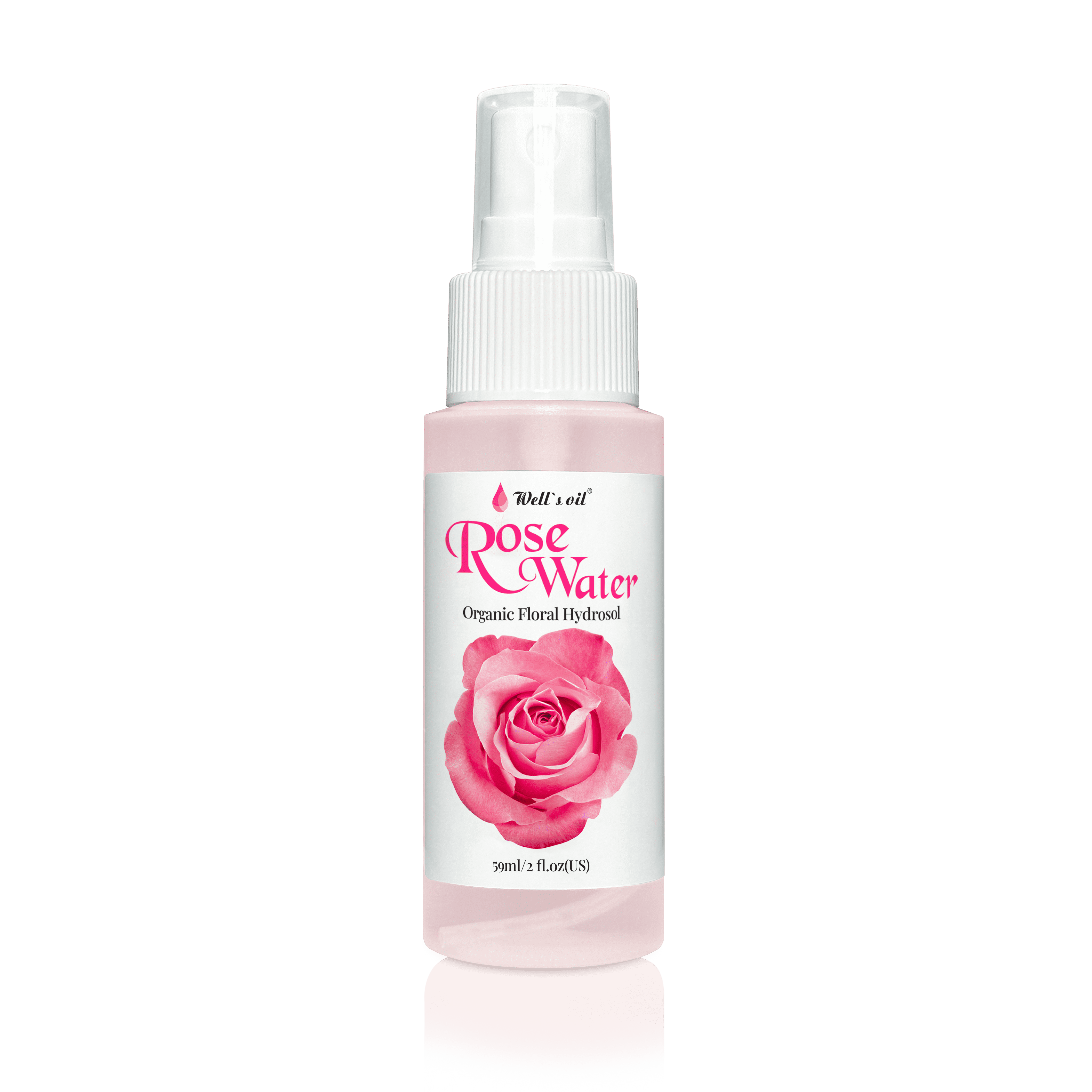 A rose water spray bottle next to a jade roller on a bathroom counter