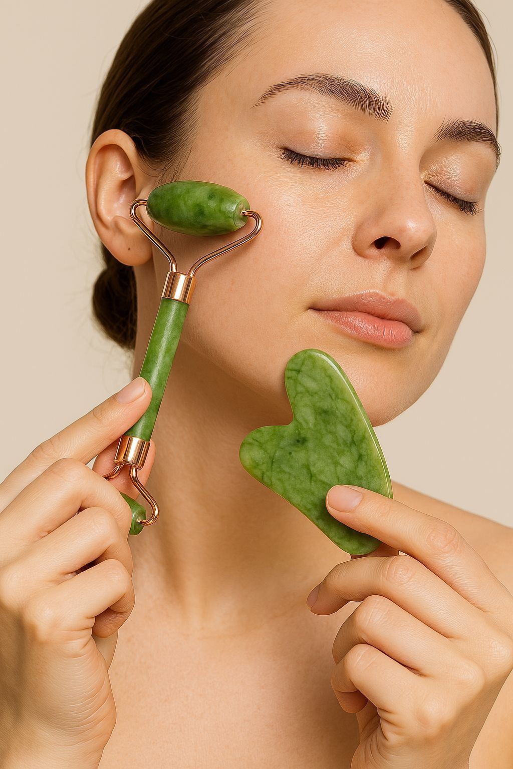 A teenage girl using a jade roller on her face