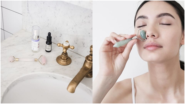 Jade roller positioned on face for lymphatic drainage massage technique
