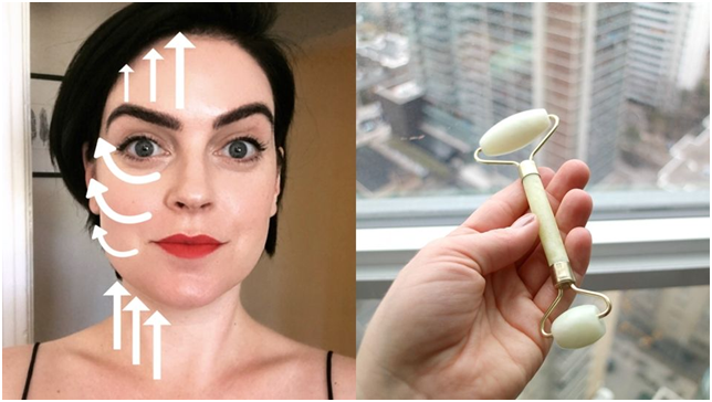 Diagram showing correct jade roller lymphatic drainage direction from center face outward to ears and down to neck