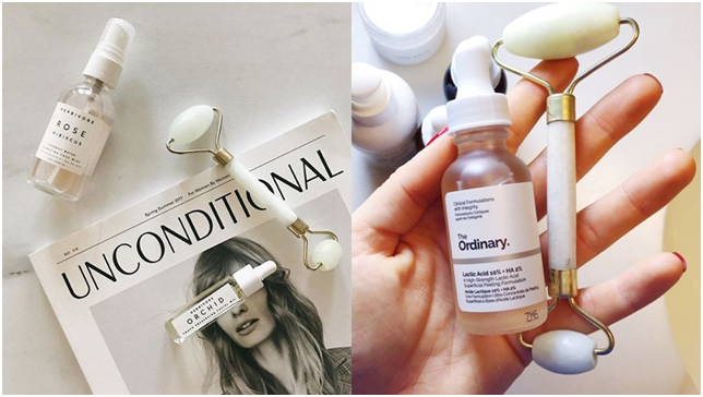 Morning jade roller lymphatic drainage routine on vanity with skincare products